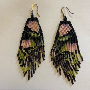 Handmade Black & Pink Seed Bead Fringe Earrings